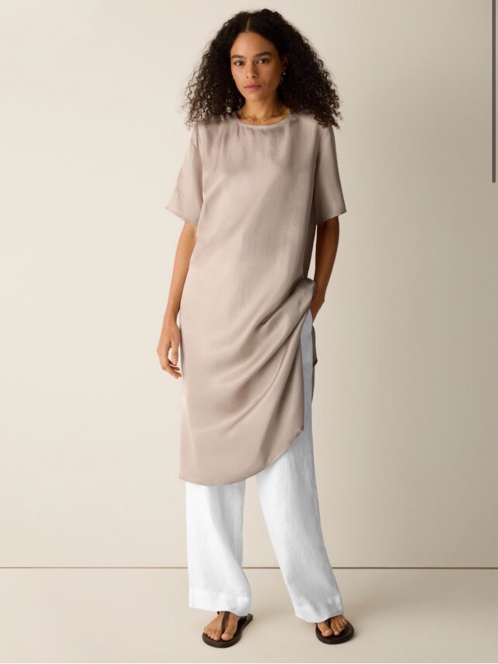 Eileen Fisher Lightweight Satin Shimmer Tee Dress Easy Fit, Calf Length taupe